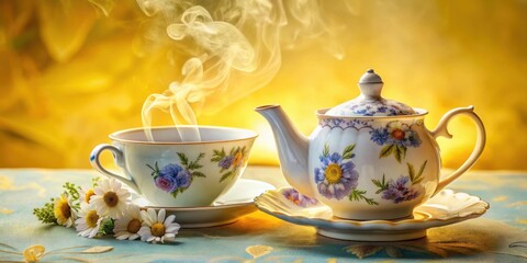Fototapeta premium A delicate porcelain teapot and teacup adorned with floral patterns, emitting a warm, inviting steam against a soft yellow backdrop.