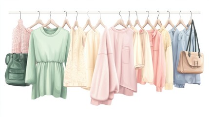 Women's fashion pastel clothes. Stylish female blouses, sweaters, pants, jeans, t-shirts, handbags on hanger on white background. Minimalist fashion blog.