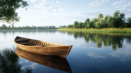 Obraz premium Wooden rowing boat on a calm lake