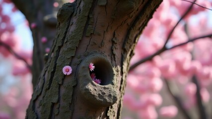 Obraz premium Wabi-sabi Cherry blossoms blooming around a tree hollow