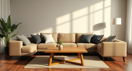 interior with sofa and wooden coffee table - 3d rendered illustration
