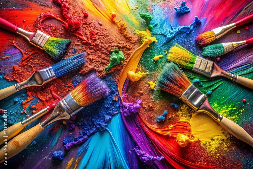 Poster captivating panoramic view of a colorful canvas with vibrant paint splashes and brushes creating art