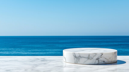 Minimalist Marble Podium with Ocean View for Product Display