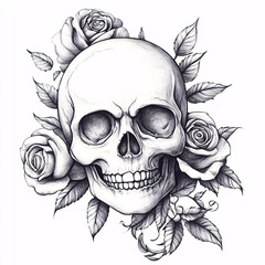 A detailed pencil drawing of a skull adorned with roses and leaves.