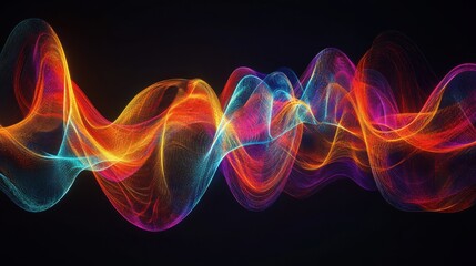 An evocative depiction of abstract, colorful waves of energy radiating outward to create a unified, vibrant center on a dark background