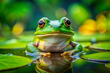 Naklejka premium Captivating Portrait of a Green Frog with Expressive Features Against a Natural Background, Perfect for Memes and Social Media Sharing