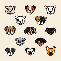 Obraz premium Cute dog icon set, pet animal flat symbols, puppy icons silhouettes, funny dog character pictogram