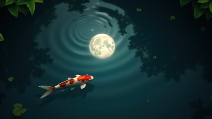 Naklejka premium Wabi-sabi A koi fish gracefully swimming in a moonlit pond, creating a tranquil and mystical scene.