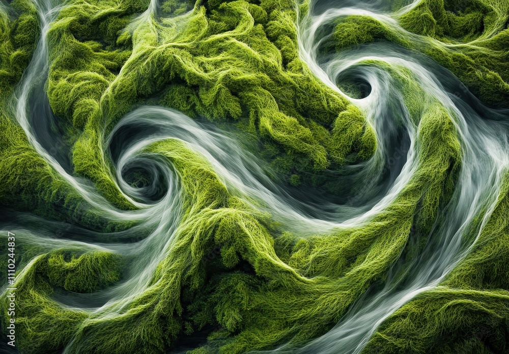 Poster swirling patterns of vibrant green algae with flowing water creating a dynamic and organic texture i