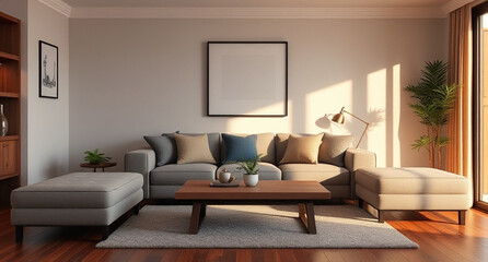 Fototapeta premium interior with sofa and wooden coffee table - 3d rendered illustration