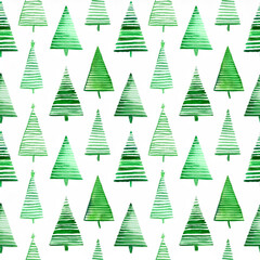 Obraz premium Christmas trees hand-painted with watercolors in shades of green - seamless abstract lined pattern background