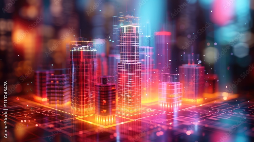 Poster a holographic design studio featuring a glowing 3d model of a skyscraper with animated construction 