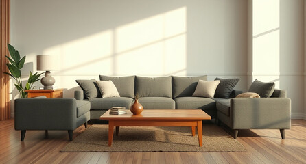 interior with sofa and wooden coffee table - 3d rendered illustration