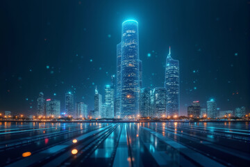 A futuristic cityscape with a glowing upward arrow rising from the skyline