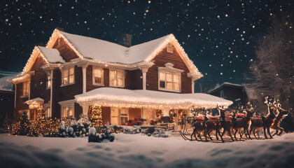A snow-covered house with a grand display of synchronized holiday lights, oversized glowing reindeer, and a Santa sleigh 