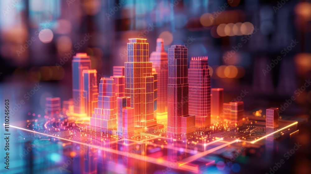 Aufkleber a holographic design studio featuring a glowing 3d model of a skyscraper with animated construction 
