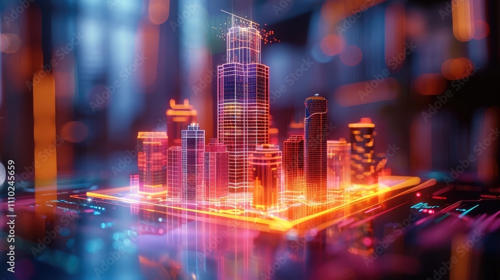 Aufkleber A holographic design studio featuring a glowing 3D model of a skyscraper with animated construction phases and material details. the vibrant holographic textures.