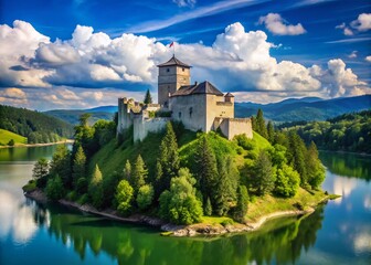 Captivating Product Photography of Niedzica Castle Under Bright Sunshine, Showcasing Its Majestic Architecture and Scenic Surroundings Perfect for Travel and Tourism Promotion