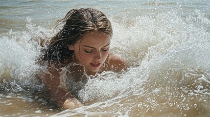 Obraz premium Young woman enjoying in water at beach