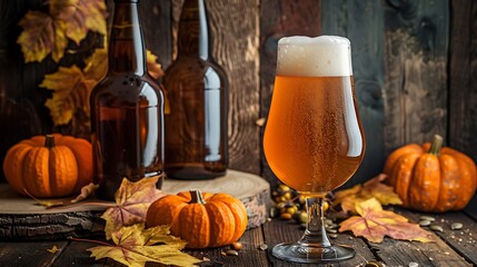 Artisan craft beer displayed with autumn foliage and pumpkins on a rustic surface