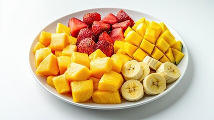 Top-down view of a white ceramic plate loaded with fresh-cut tropical fruits like mangoes, papayas, pineapples, and bananas on a minimal white surface