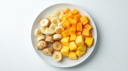 Top-down view of a white ceramic plate loaded with fresh-cut tropical fruits like mangoes, papayas, pineapples, and bananas on a minimal white surface