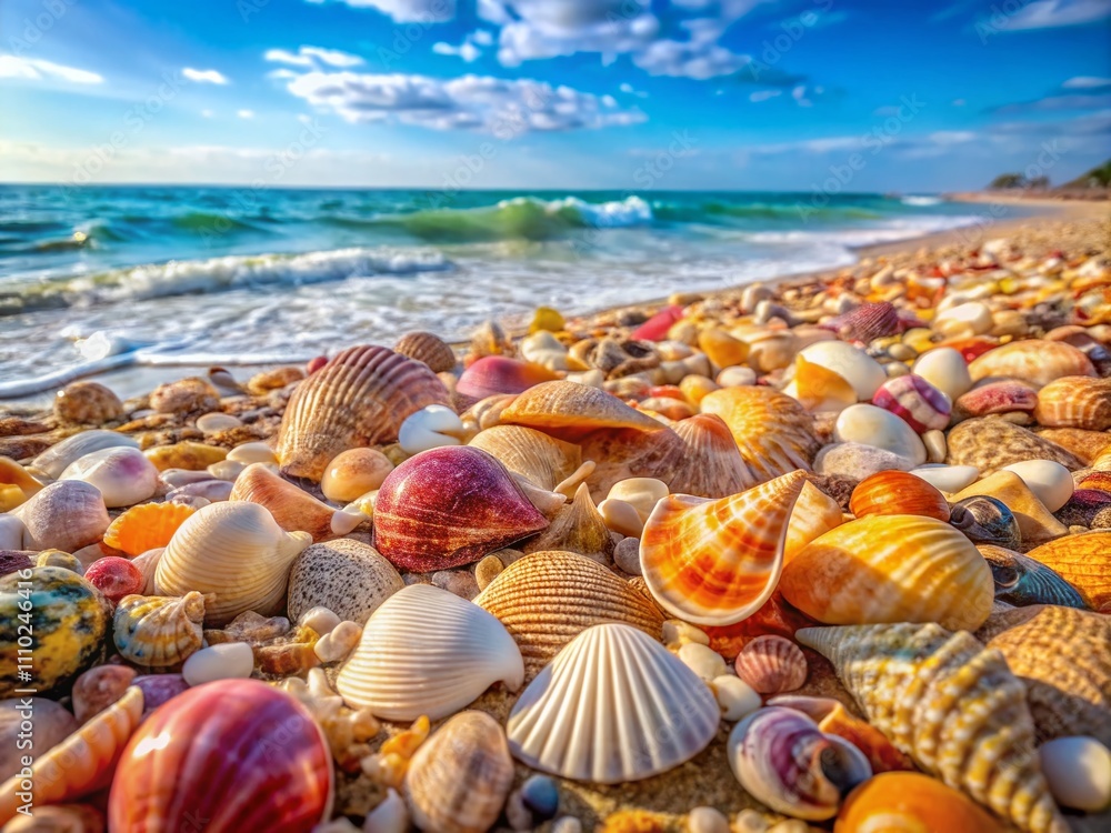Poster captivating seashells on a pristine beach: a stunning close-up display of nature's artistry with hig