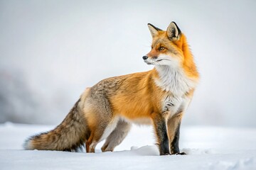 Captivating Side View of a Red Fox Against a Crisp White Background, Showcasing Its Lush Fur and Alert Expression, Perfect for Nature and Wildlife Enthusiasts and Stock Photography Use
