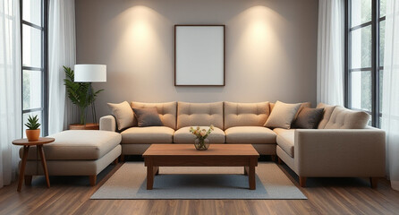 interior with sofa and wooden coffee table - 3d rendered illustration