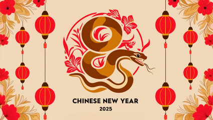 2025 Chinese New Year celebration with Snake Zodiac theme with floral motifs and red lanterns for vector design