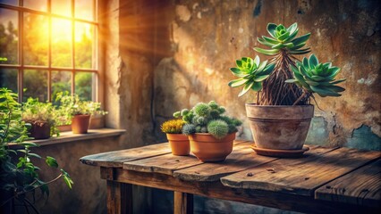 A rustic wooden table, bathed in warm sunlight, holds a collection of potted plants, their vibrant green leaves contrasting against the weathered surface.
