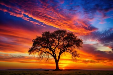 Captivating Silhouette of a Tree Against a Stunning Sunset Sky, Perfect for Nature Lovers and Landscape Photography Enthusiasts Seeking Tranquil Imagery for Their Collection