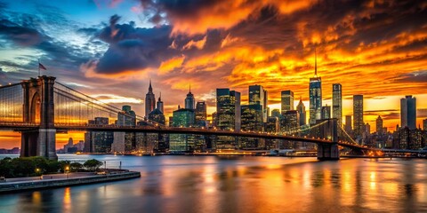 Fototapeta premium Captivating Silhouette Photography of Manhattan's Urban Landscape at Dusk, Showcasing Iconic Skyscrapers and City Lights Against a Vibrant Sunset Sky in New York City