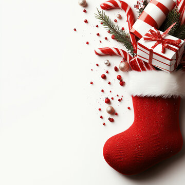 A festive Christmas stocking filled with gifts, candy canes, and holiday decorations.