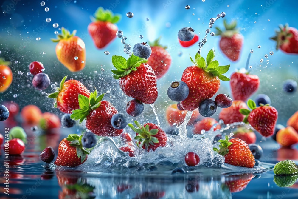 Poster captivating slow motion of fresh strawberries and berries tossed in the air with water splash and dr