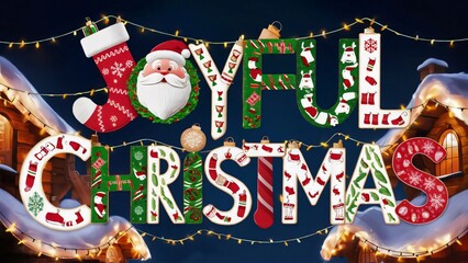 Joyful Christmas, Festive Letters with Santa, Stockings & Winter Wonderland Design for Holiday Cards & Decorations