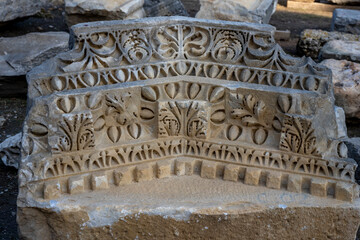 Rows of columns in Perge, Antalya, Turkey. Remains of colonnaded street in Pamphylian ancient city.