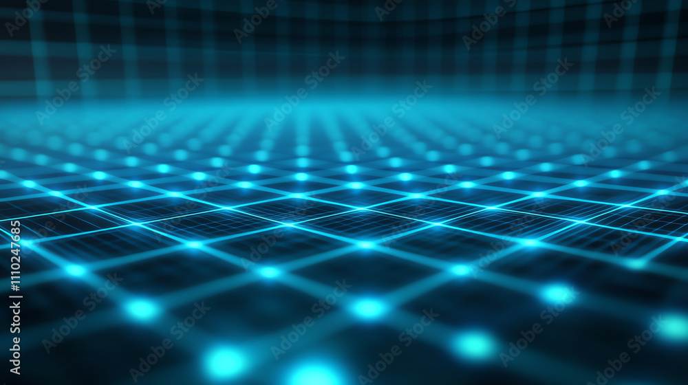 Poster futuristic blue grid background with glowing points for digital design and innovation.