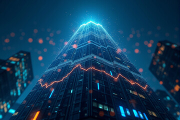 Obraz premium A futuristic cityscape with a glowing upward arrow rising from the skyline