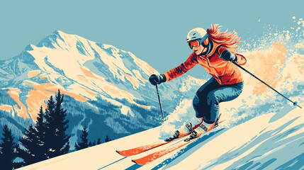 Vibrant pop art poster of a woman skiing, capturing dynamic motion and retro style.