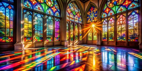 Obraz premium Captivating Stained Glass Window Casting a Rainbow on the Floor, Illuminating the Space with a Serene Atmosphere of Colorful Light and Reflection