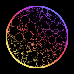 Colorful floral pattern for Mehndi and Henna drawing. Hand-draw lotus flower symbol. Decoration in ethnic oriental, Indian style. Rainbow design on black background. Outline vector illustration.