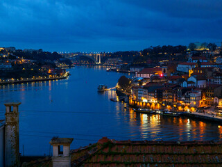 Large evening panoramic view of the bay of Porto, in Portugal.