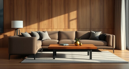 interior with sofa and wooden coffee table - 3d rendered illustration