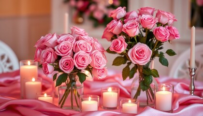 Obraz premium A romantic table setting featuring pink roses in glass vases, illuminated by soft candlelight, creating an elegant atmosphere.