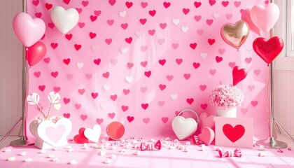 A vibrant pink backdrop adorned with heart-shaped balloons and decorations, perfect for a romantic celebration or Valentine's Day event.