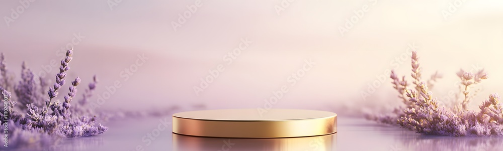 Poster contemporary gold podium with subtle reflections, surrounded by a soft gradient lavender background 