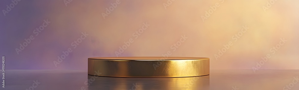 Poster contemporary gold podium with subtle reflections, surrounded by a soft gradient lavender background 