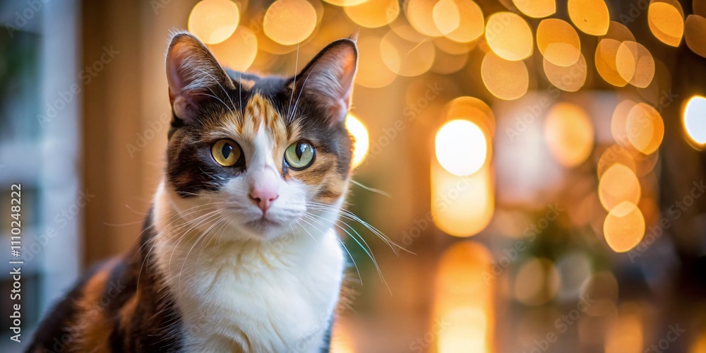 Poster captivating thai calico cat with stunning fur patterns, gracefully posing against a soft background 