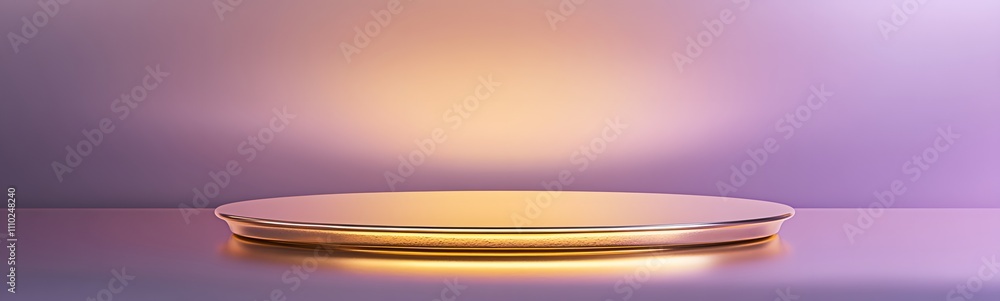 Poster contemporary gold podium with subtle reflections, surrounded by a soft gradient lavender background 